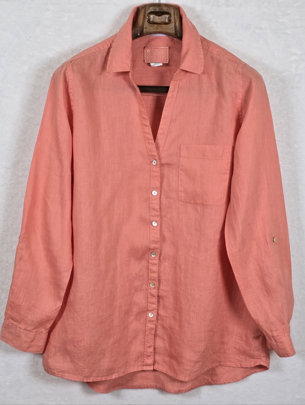 Sigrid Olsen 100% Linen Coral Pink Roll Tab Sleeve Button Down Shirt Size Medium